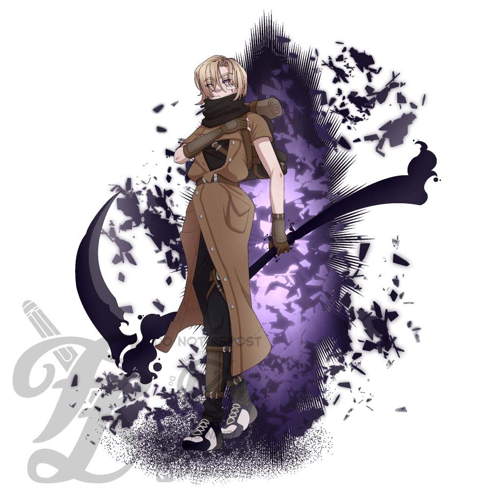 Splash art of Paradox. She's a young white woman with short blonde hair. She's stepping out of a portal, a reaper scythe made of shadow in her hand behind her. Her arm is crossing her body, hodling tightly onto her bag strap. Her grab is cobbled together, mostly leather and parts strapped together.